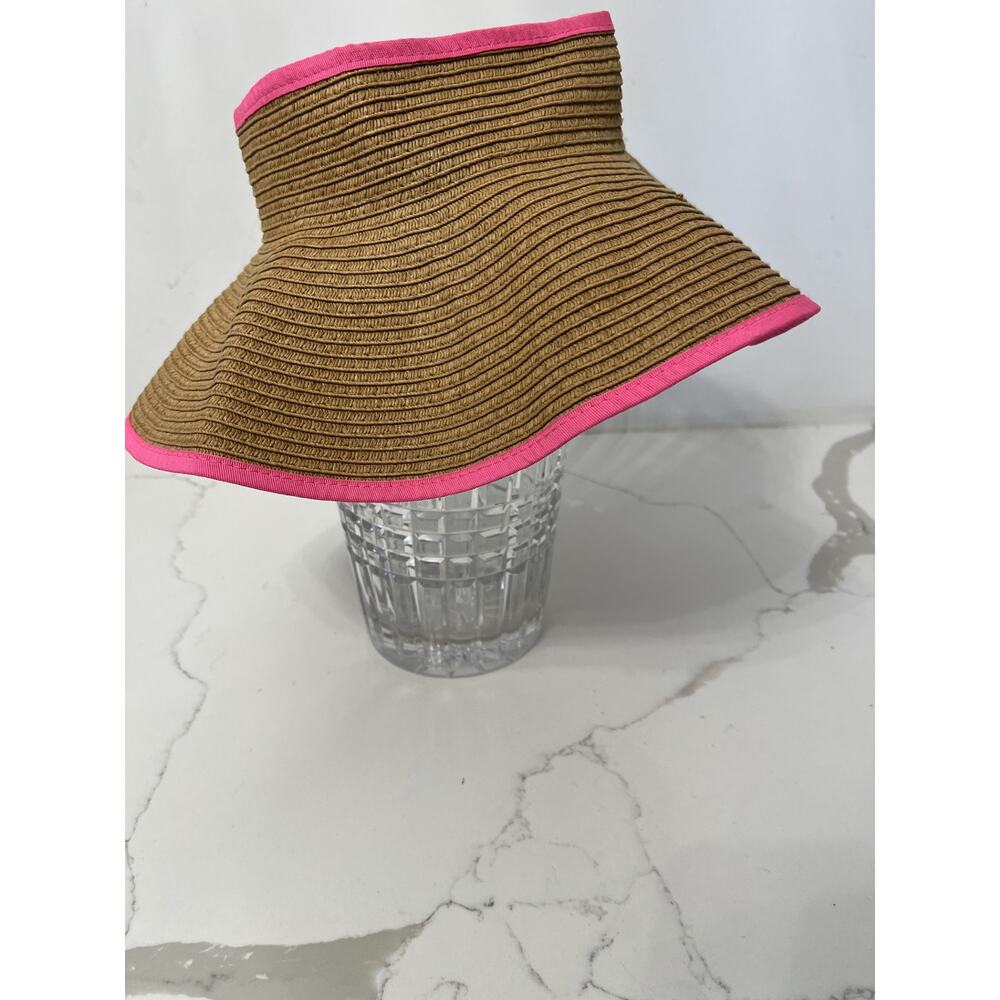 David Young Women Wide Brim Woven Sun Visor Hat Pink Trim Packable Beach Resort